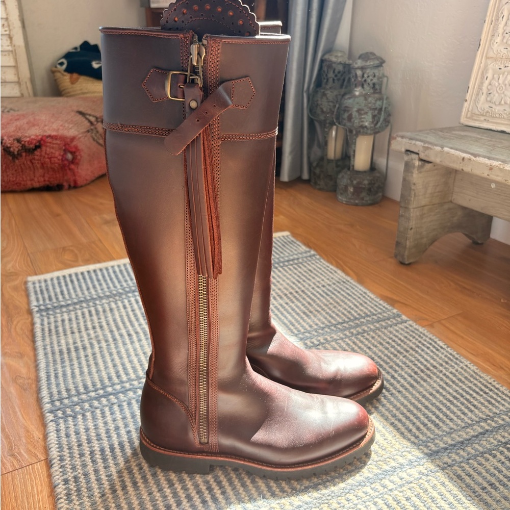 Tall Brown Leather Riding Boots with Side Zipper